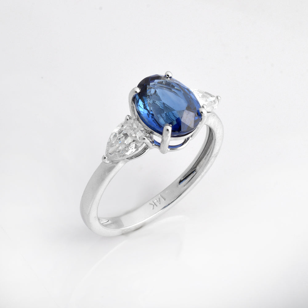 Handmade 14K solid gold blue sapphire ring with diamond accents, September birthstone engagement and anniversary ring for women.