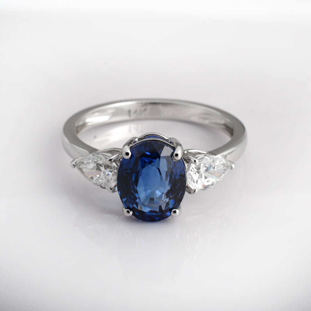 Handmade 14K gold blue sapphire ring with diamond accents, September birthstone engagement and anniversary ring for women by Ganpati