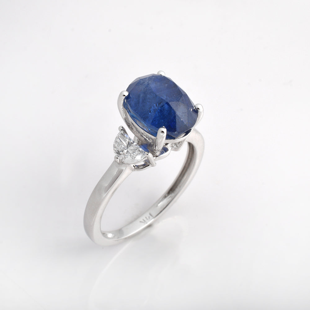 Natural Blue Sapphire Engagement Ring in 14K White Gold | Oval Sapphire & Pear Diamond Three Stone Ring