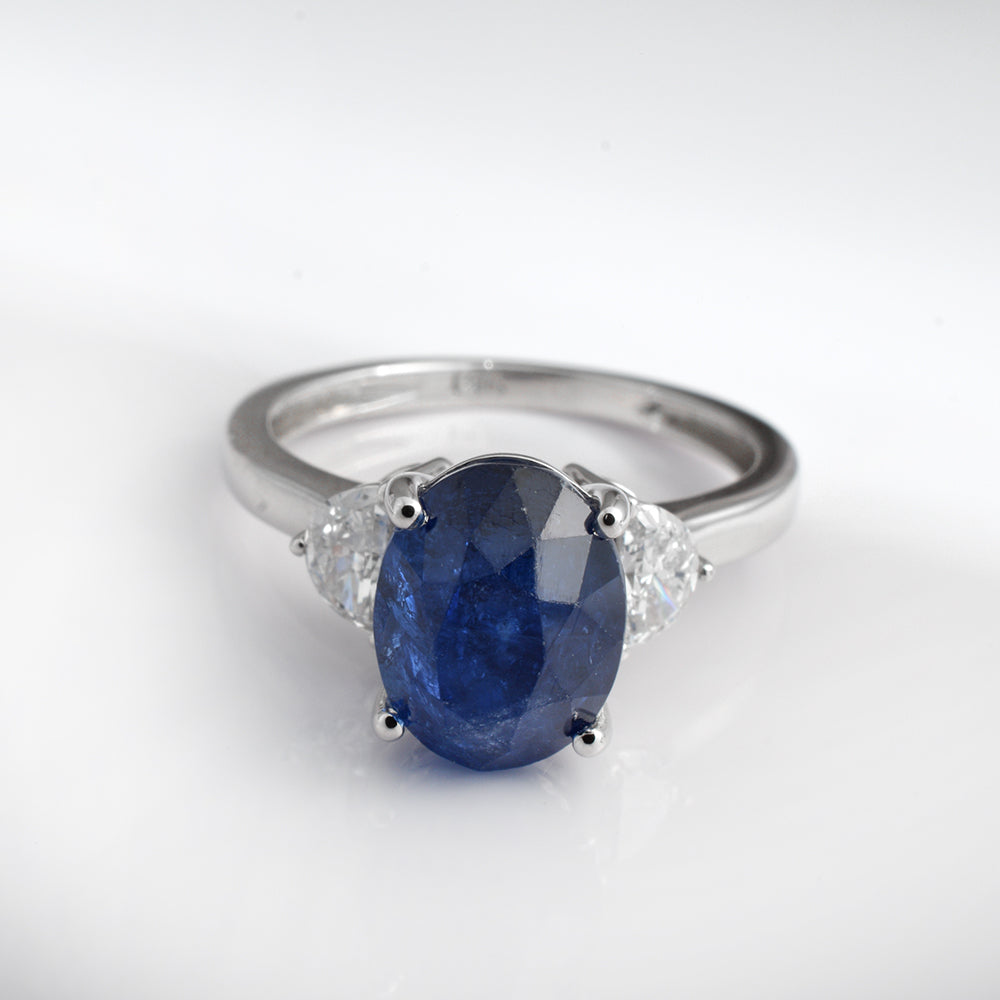 Natural Blue Sapphire Engagement Ring in 14K White Gold | Oval Sapphire & Pear Diamond Three Stone Ring