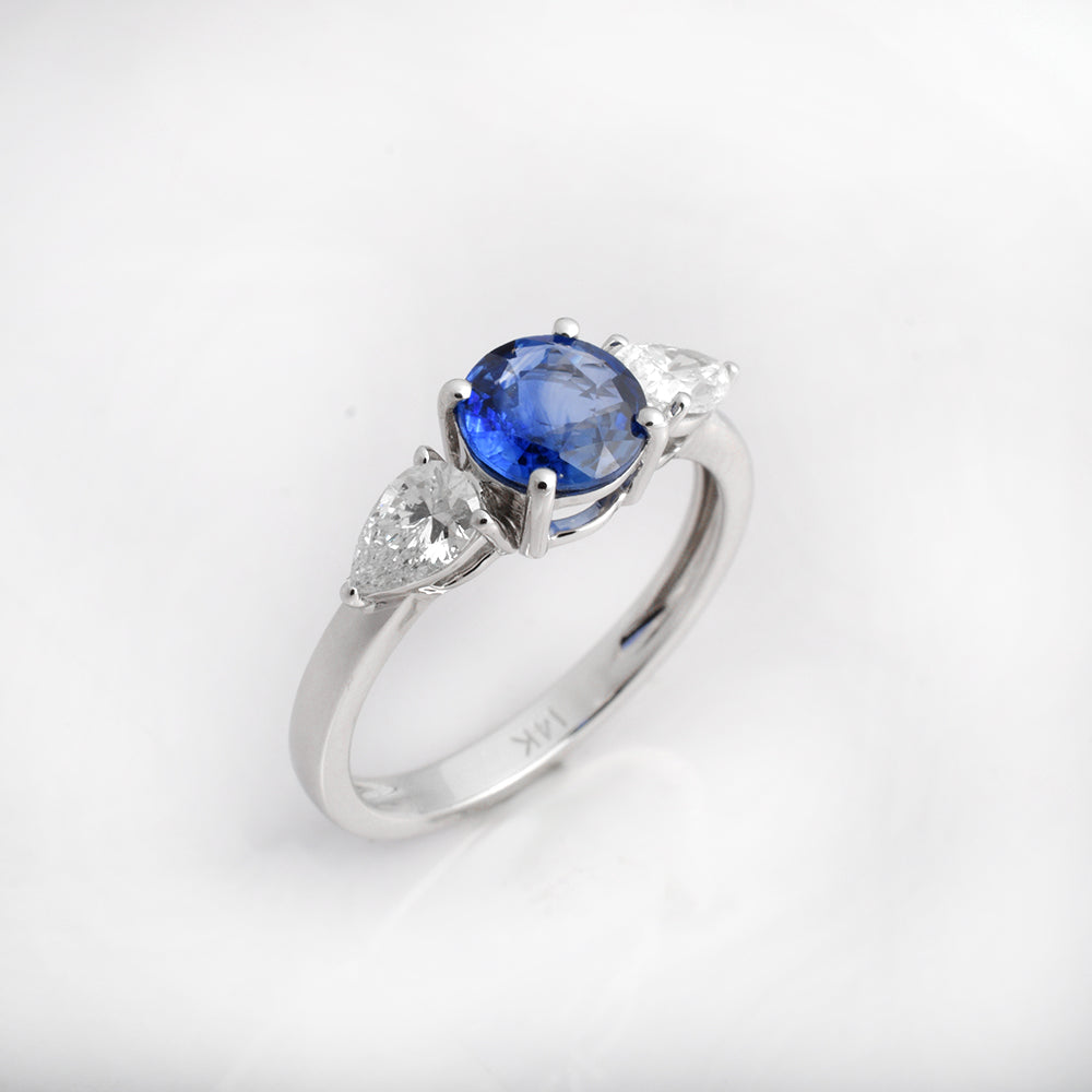 Round Blue Sapphire Engagement Ring in 14K White Gold | Pear Diamond Three Stone Ring | September Birthstone Gift