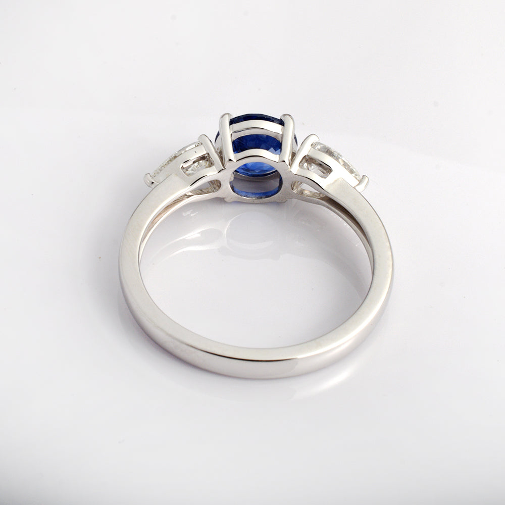 Round Blue Sapphire Three Stone Ring, 14K White Gold - view 3