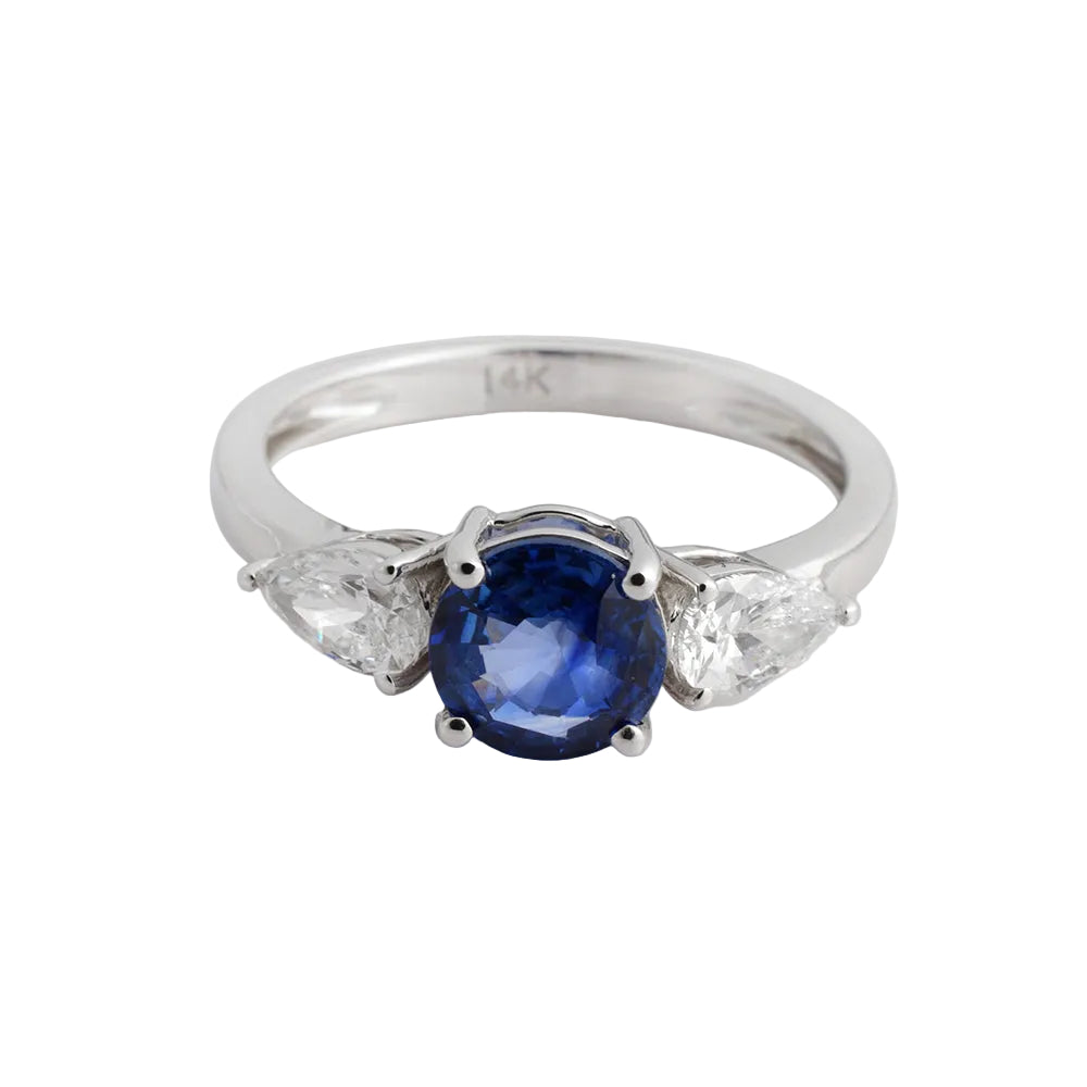 Round Blue Sapphire Three Stone Ring, 14K White Gold - view 1