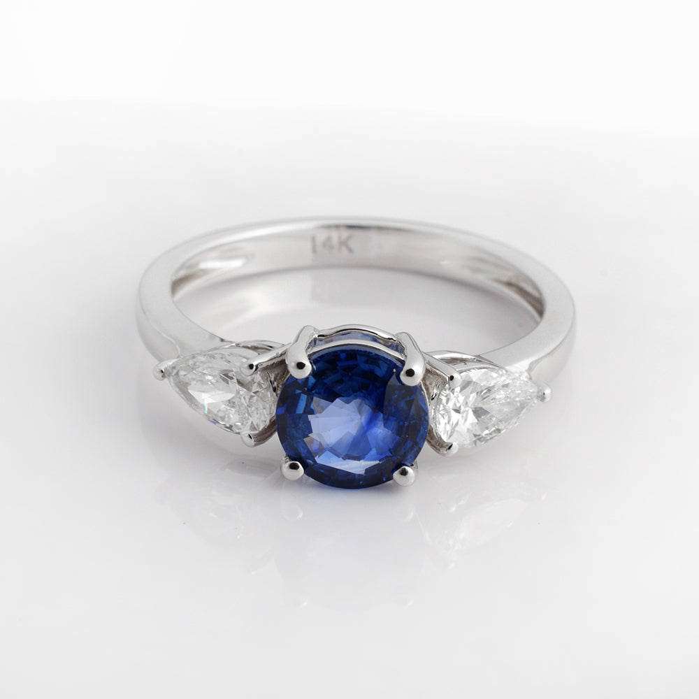 Round Blue Sapphire Engagement Ring in 14K White Gold | Pear Diamond Three Stone Ring | September Birthstone Gift