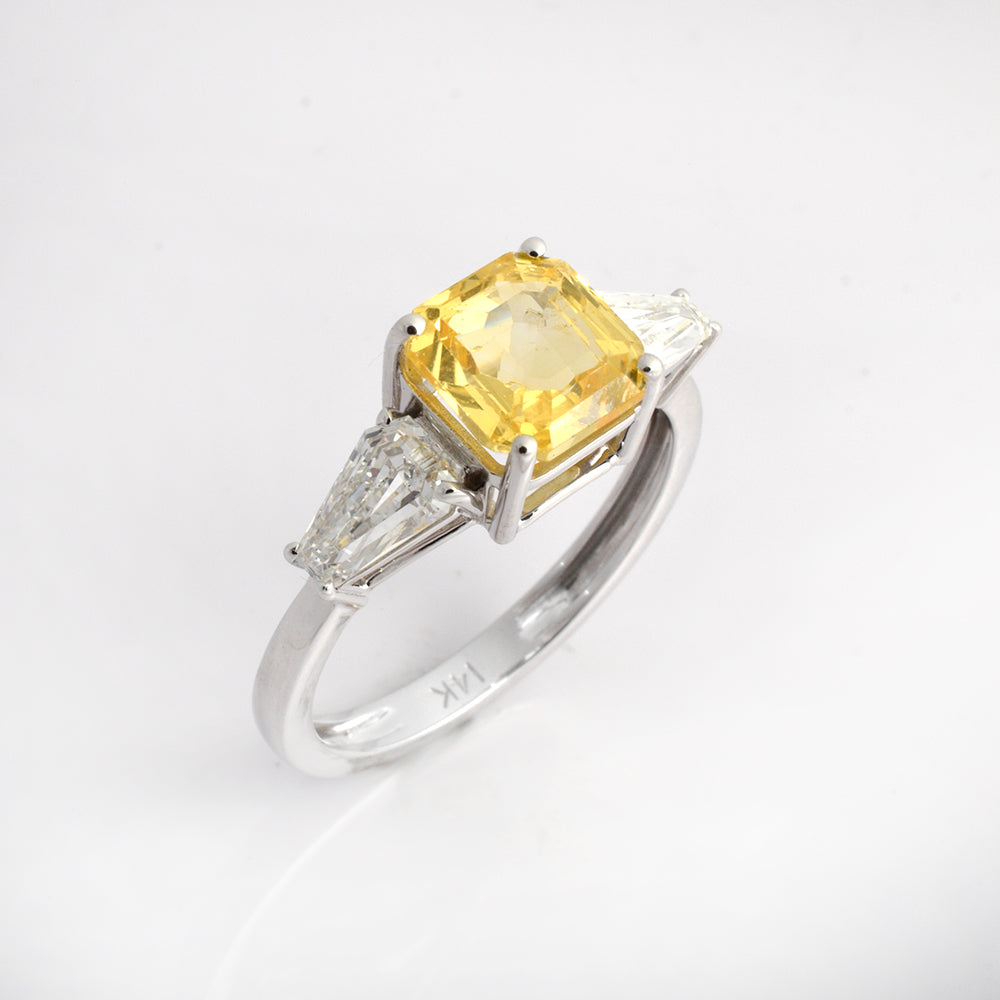 Yellow Sapphire Engagement Ring in 14K White Gold | Octagon Cut Sapphire with Diamond Art Deco Ring