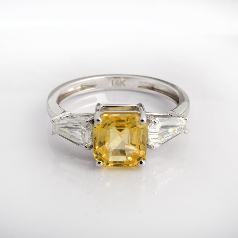 Yellow Sapphire Engagement Ring in 14K White Gold | Octagon Cut Sapphire with Diamond Art Deco Ring