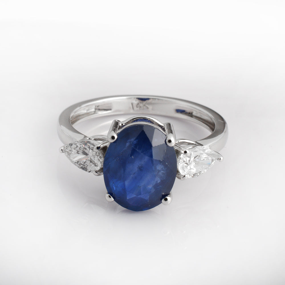 Oval Blue Sapphire Engagement Ring in 14K White Gold | 3.23 CT Natural Sapphire with Pear Diamond Three-Stone Ring