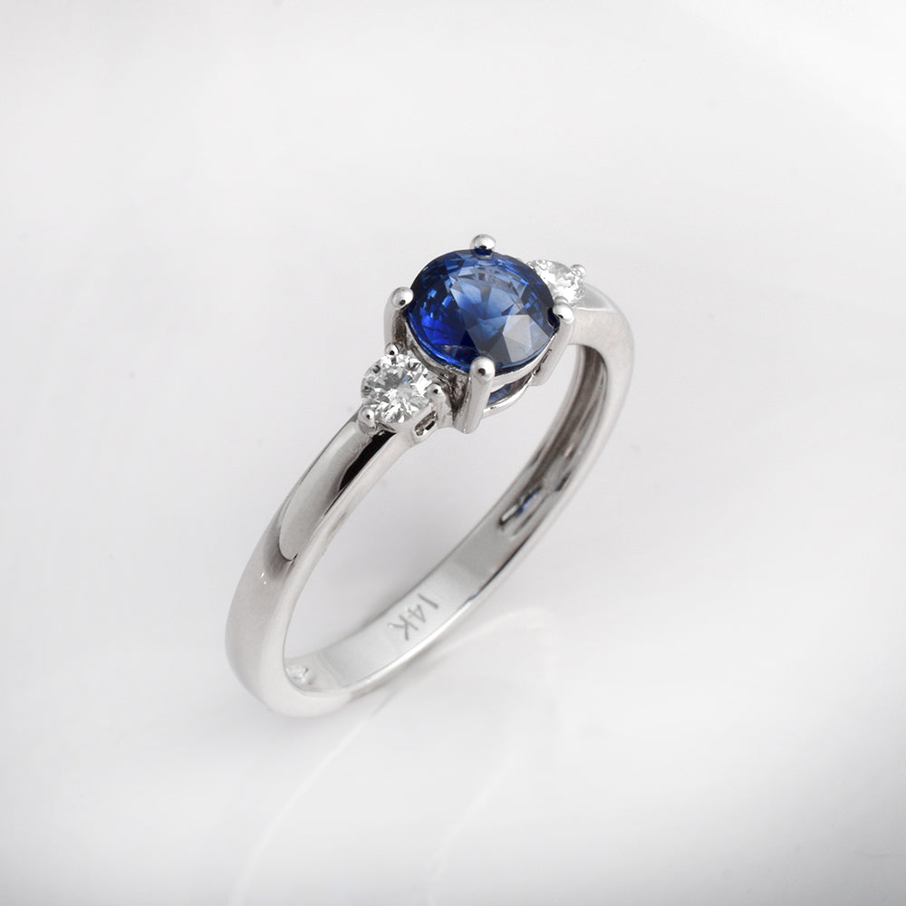 Round Blue Sapphire Engagement Ring in 14K White Gold | Diamond Three Stone Ring | September Birthstone Gift for Her