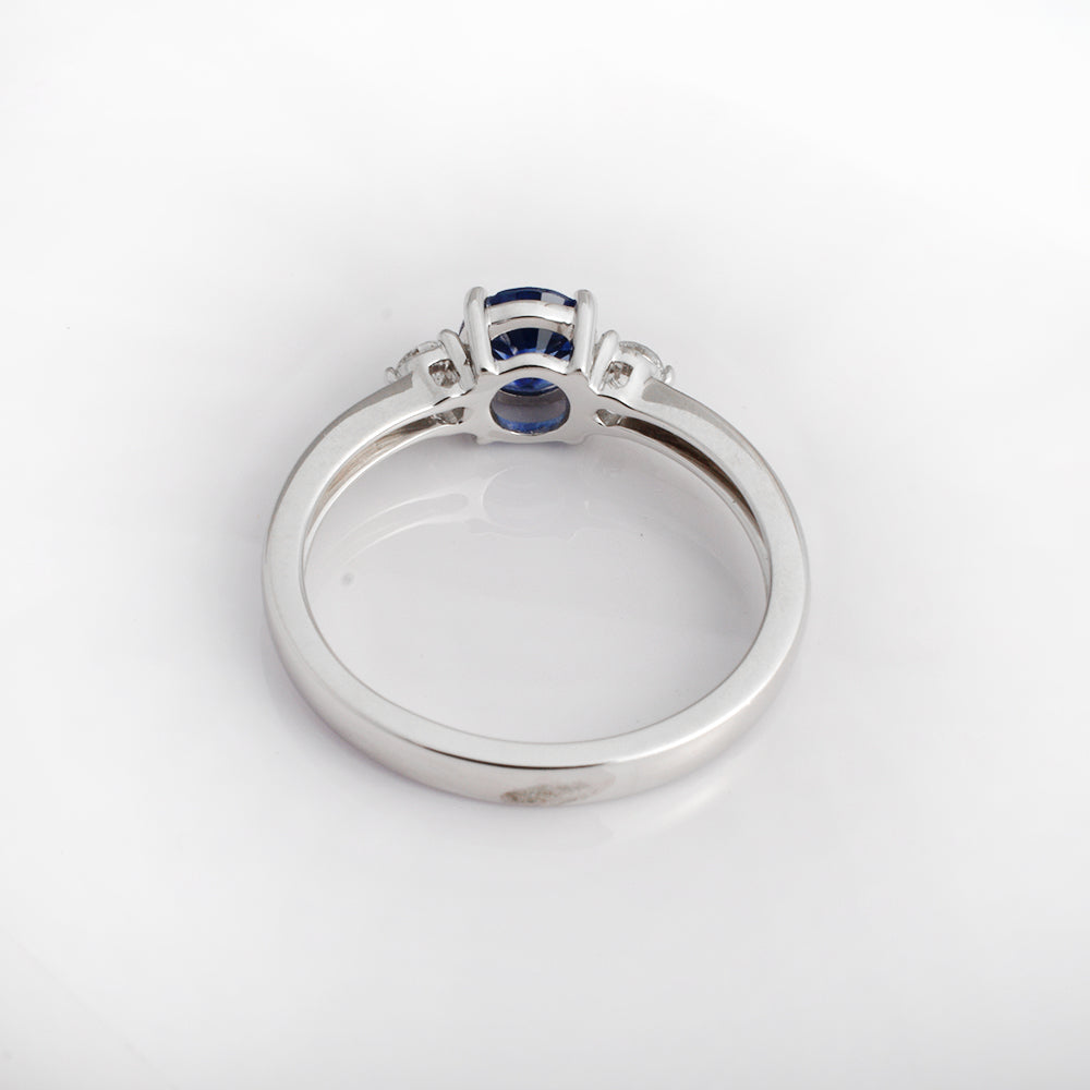 Round Blue Sapphire Diamond Ring, 14K White Gold - view 3