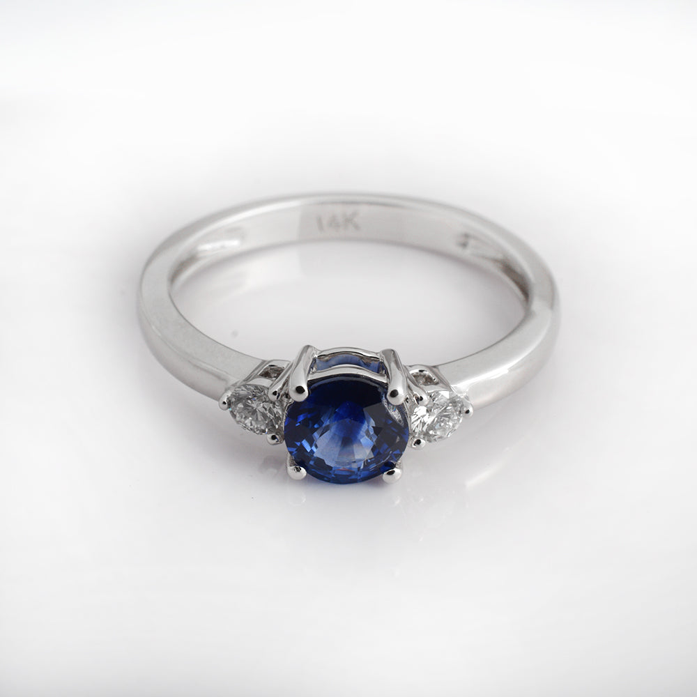 Round Blue Sapphire Engagement Ring in 14K White Gold | Diamond Three Stone Ring | September Birthstone Gift for Her