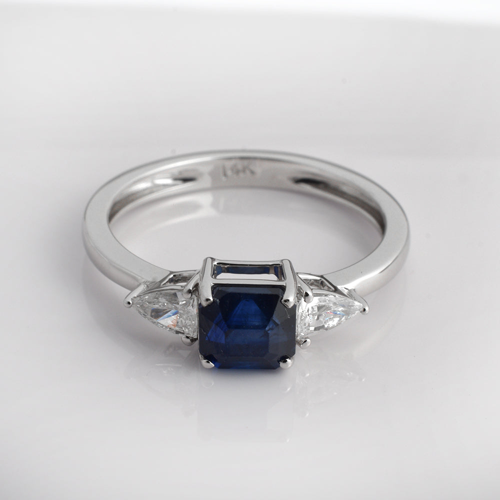 Blue Sapphire Engagement Ring in 14K White Gold | Octagon Cut Sapphire with Diamond Side Stones | Art Deco Promise Ring