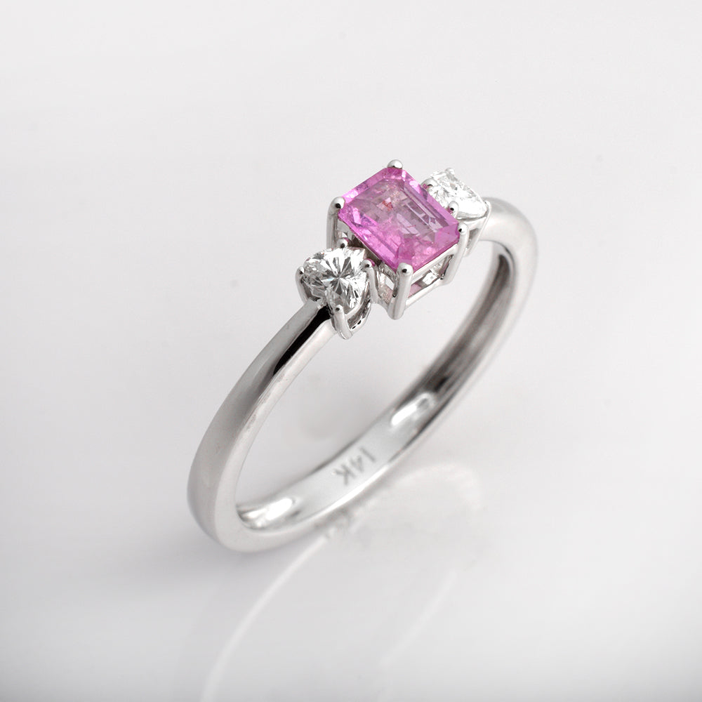 Pink Sapphire Engagement Ring in 14K White Gold | Octagon Pink Sapphire with Heart Diamond Side Stones | Romantic Promise Ring
