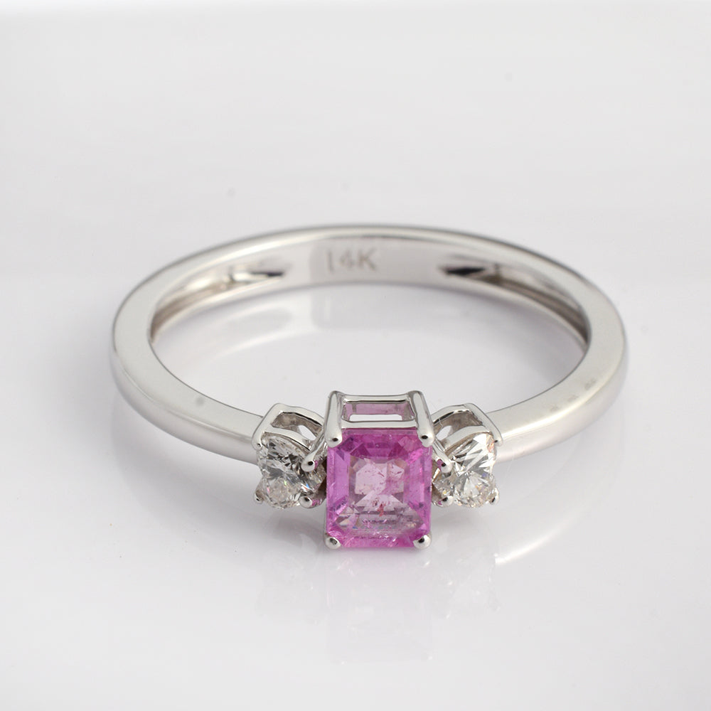 Pink Sapphire Engagement Ring in 14K White Gold | Octagon Pink Sapphire with Heart Diamond Side Stones | Romantic Promise Ring
