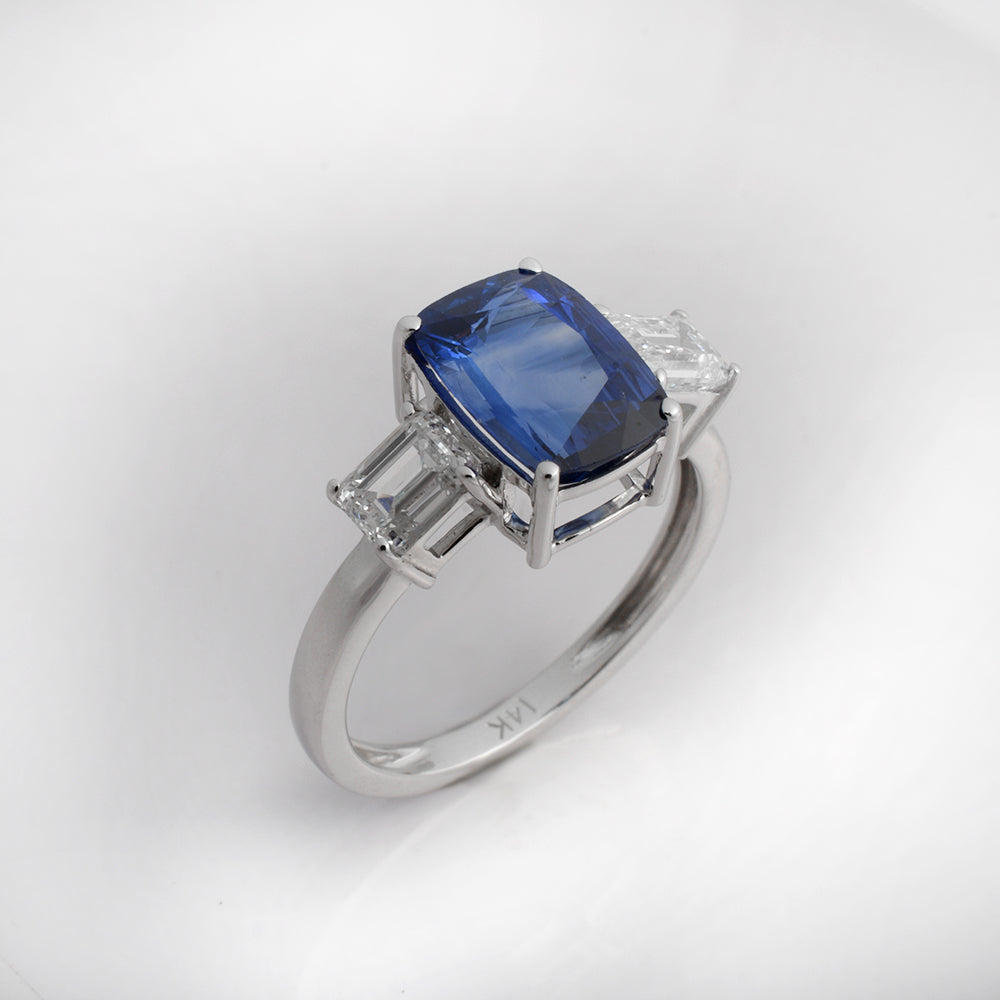 Natural Blue Sapphire Engagement Ring with Emerald Cut Diamonds in 14K White Gold | September Birthstone Luxury Gemstone Ring