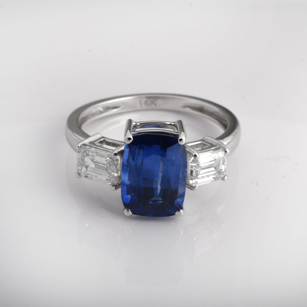 Natural Blue Sapphire Engagement Ring with Emerald Cut Diamonds in 14K White Gold | September Birthstone Luxury Gemstone Ring
