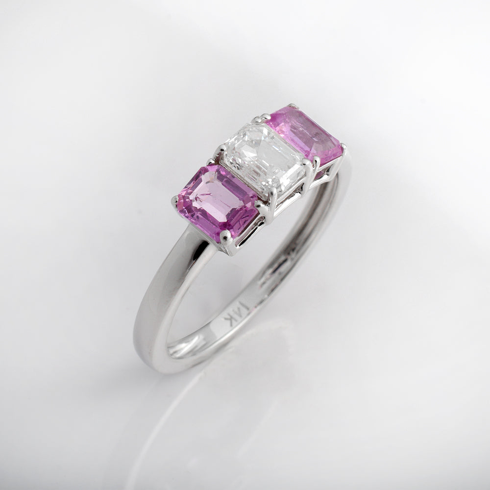 Pink Sapphire & Diamond Three Stone Engagement Ring in 14K White Gold | Emerald Cut Art Deco Inspired Luxury Ring