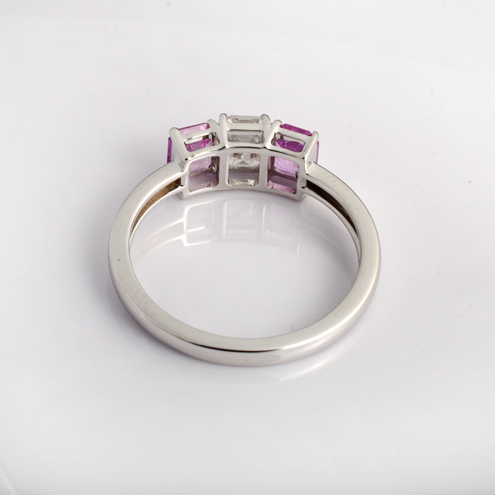 Pink Sapphire Three Stone Ring, 14K White Gold - view 3