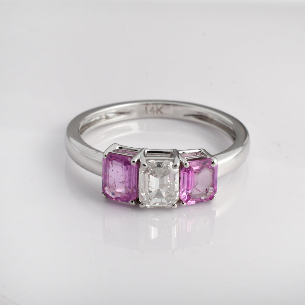 Pink Sapphire & Diamond Three Stone Engagement Ring in 14K White Gold | Emerald Cut Art Deco Inspired Luxury Ring