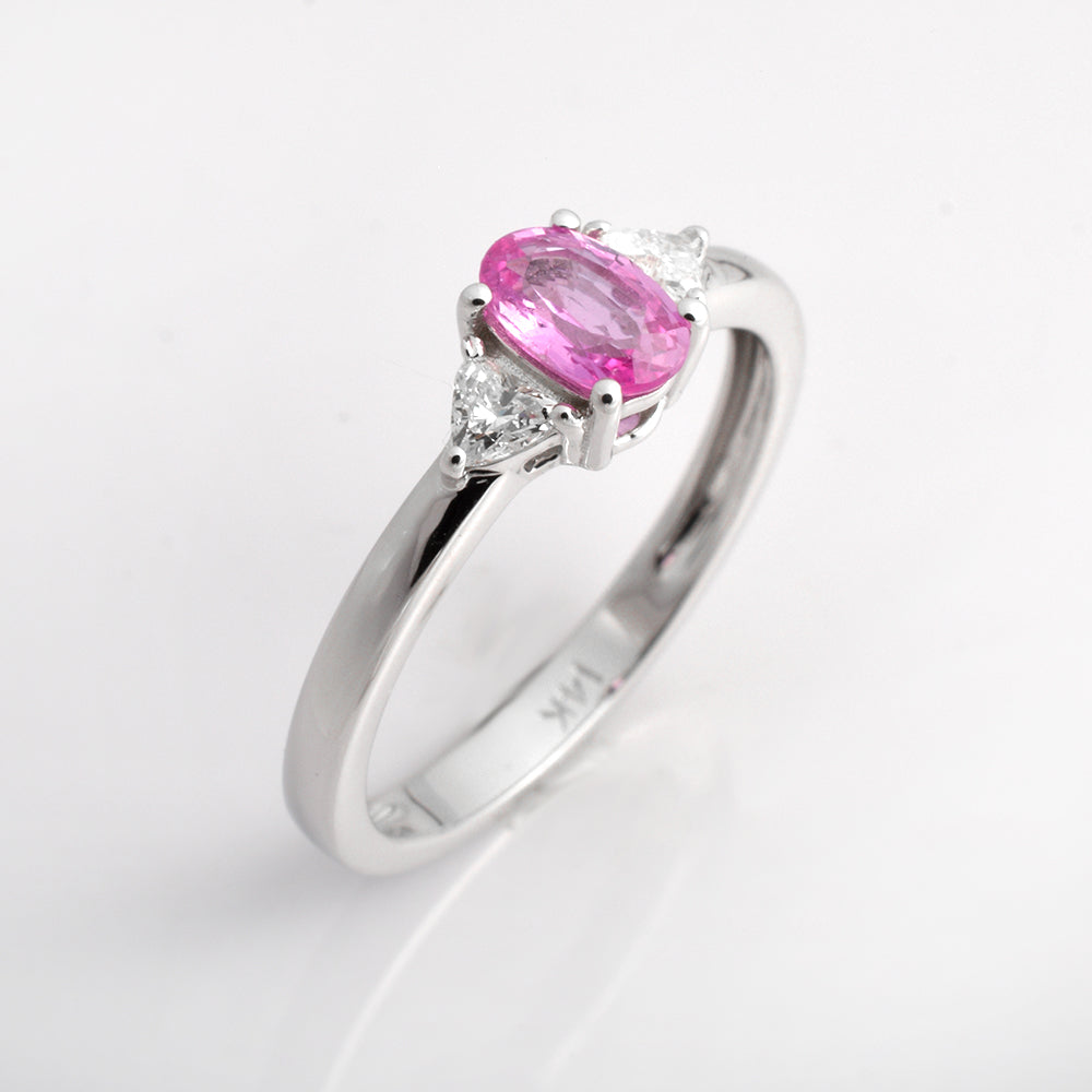 Heart Pink Sapphire Diamond Ring in 14K White Gold | Oval Pink Sapphire Three Stone Engagement & Promise Ring