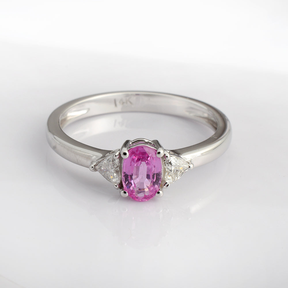 Heart Pink Sapphire Diamond Ring in 14K White Gold | Oval Pink Sapphire Three Stone Engagement & Promise Ring
