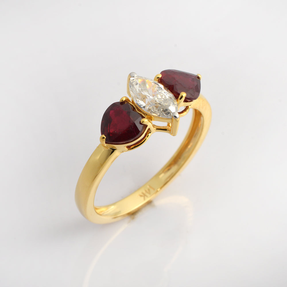 Marquise Ruby & Diamond Three Stone Engagement Ring in 14K Yellow Gold | Vintage Inspired Gemstone Ring for Her