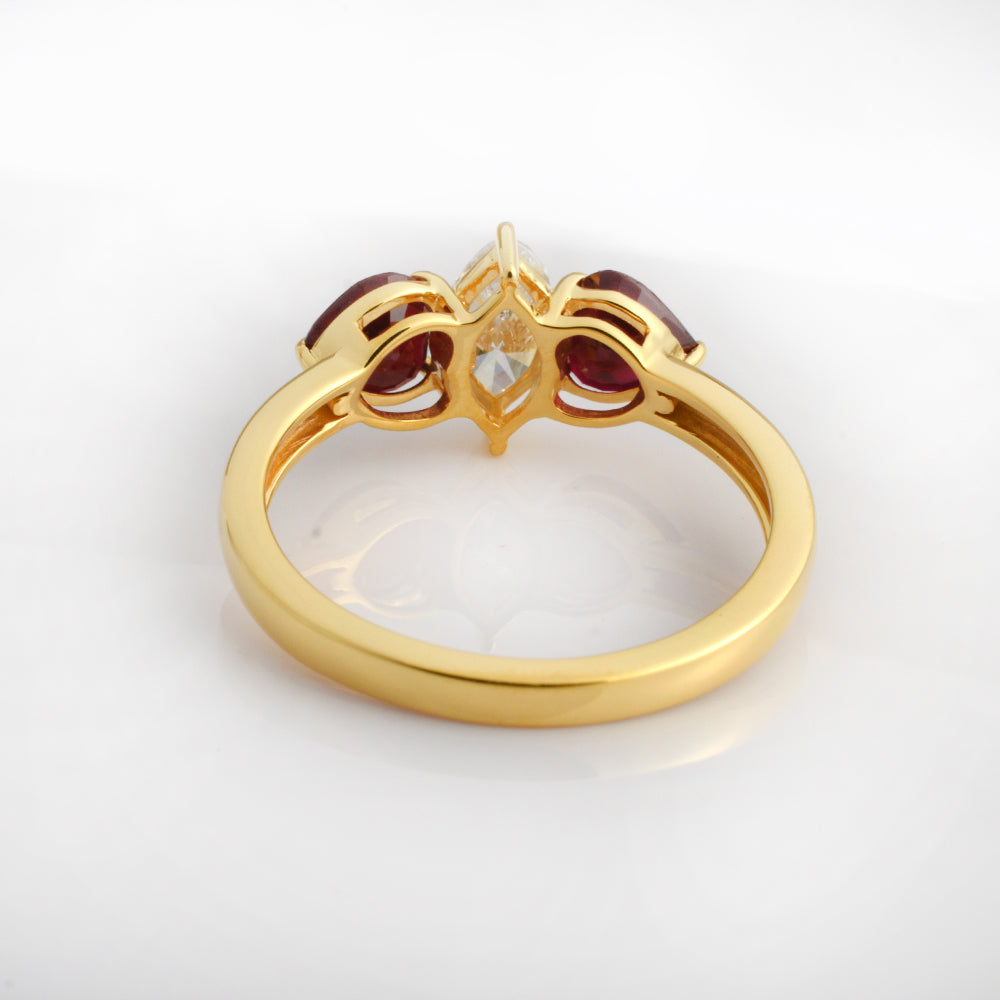 Marquise Ruby & Diamond Three Stone Ring, 14K Yellow Gold - view 3