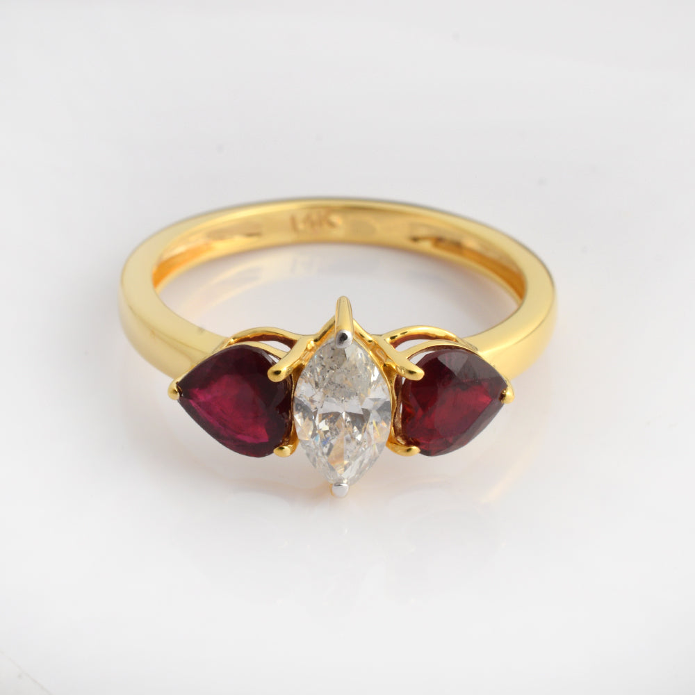 Marquise Ruby & Diamond Three Stone Engagement Ring in 14K Yellow Gold | Vintage Inspired Gemstone Ring for Her