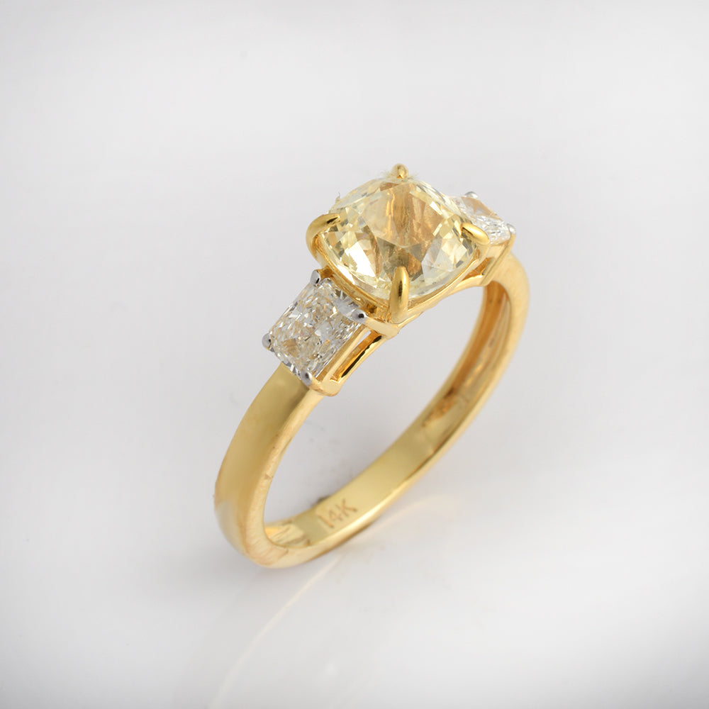Cushion Cut Yellow Sapphire Diamond Ring in 14K Yellow Gold | Three Stone Engagement Ring | Luxury Fine Jewelry Gift