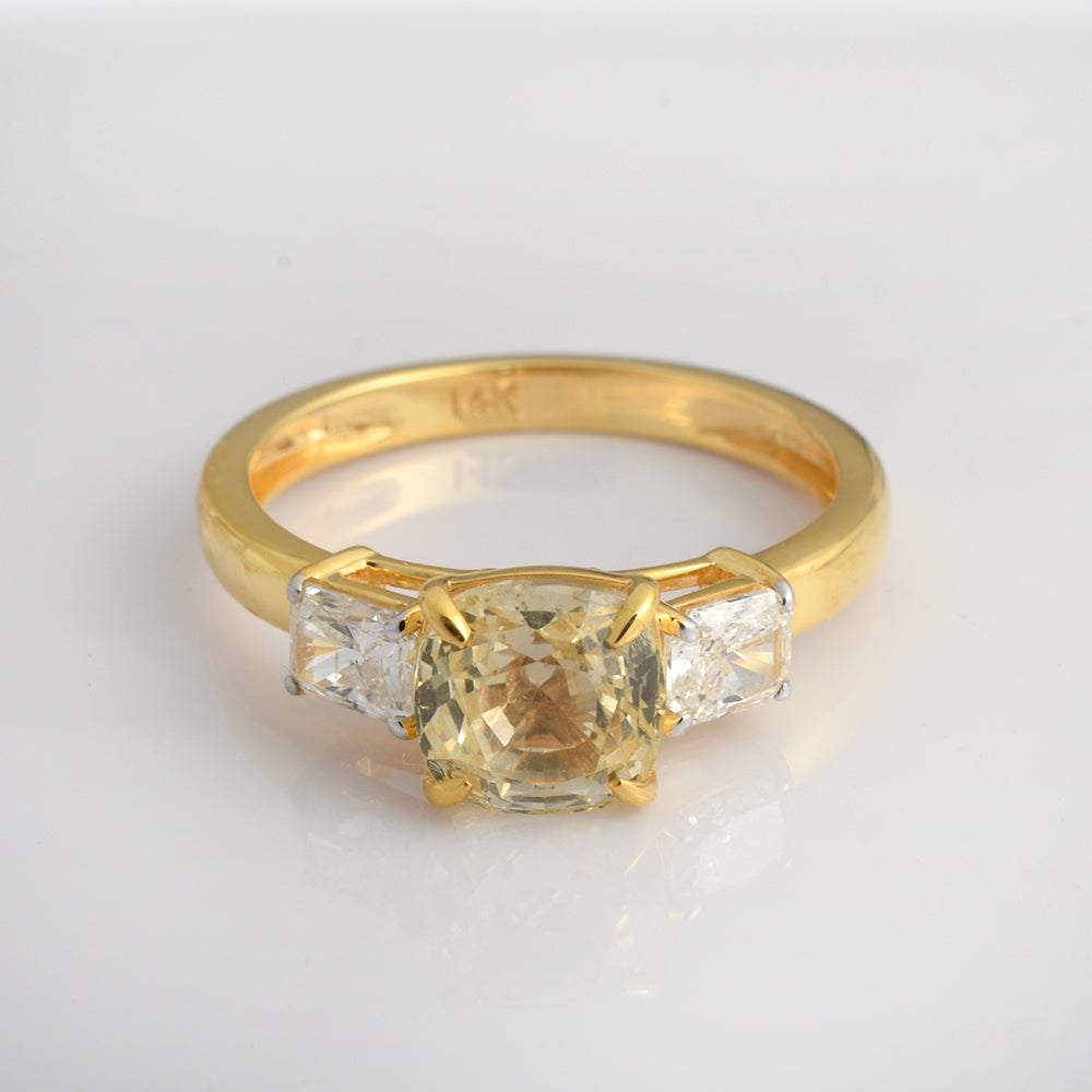 Cushion Cut Yellow Sapphire Diamond Ring in 14K Yellow Gold | Three Stone Engagement Ring | Luxury Fine Jewelry Gift