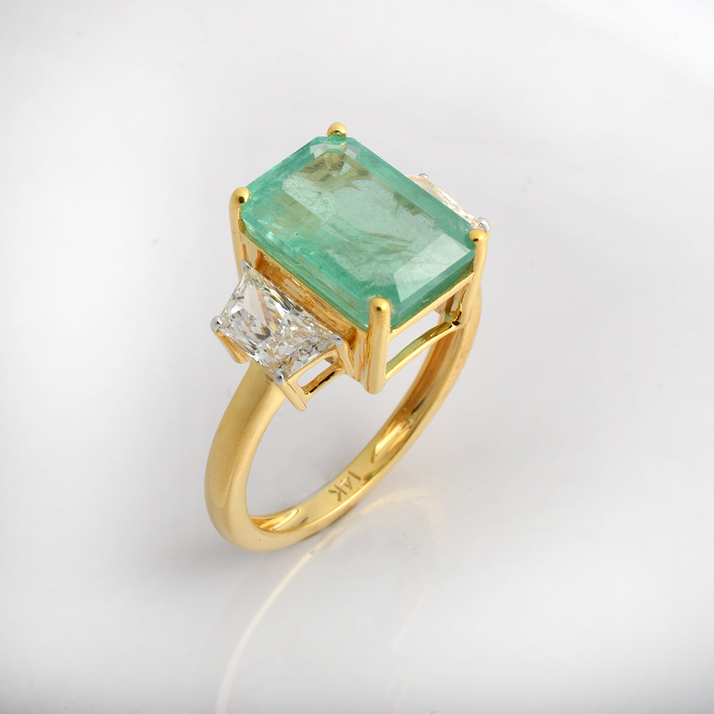Emerald Cut Emerald Engagement Ring in 14K Yellow Gold | Lab Grown Diamond Three Stone Luxury Statement Ring