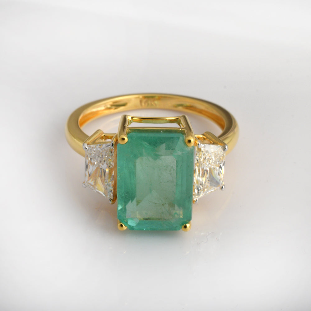 Emerald Cut Emerald Engagement Ring in 14K Yellow Gold | Lab Grown Diamond Three Stone Luxury Statement Ring