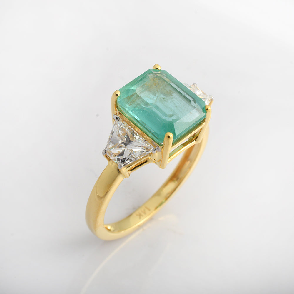Emerald Cut Emerald Engagement Ring in 14K Yellow Gold | Three Stone Diamond Ring | Luxury Green Gemstone Jewelry