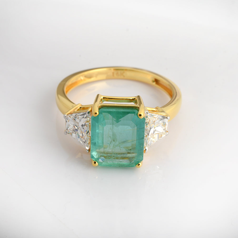 Emerald Cut Emerald Engagement Ring in 14K Yellow Gold | Three Stone Diamond Ring | Luxury Green Gemstone Jewelry