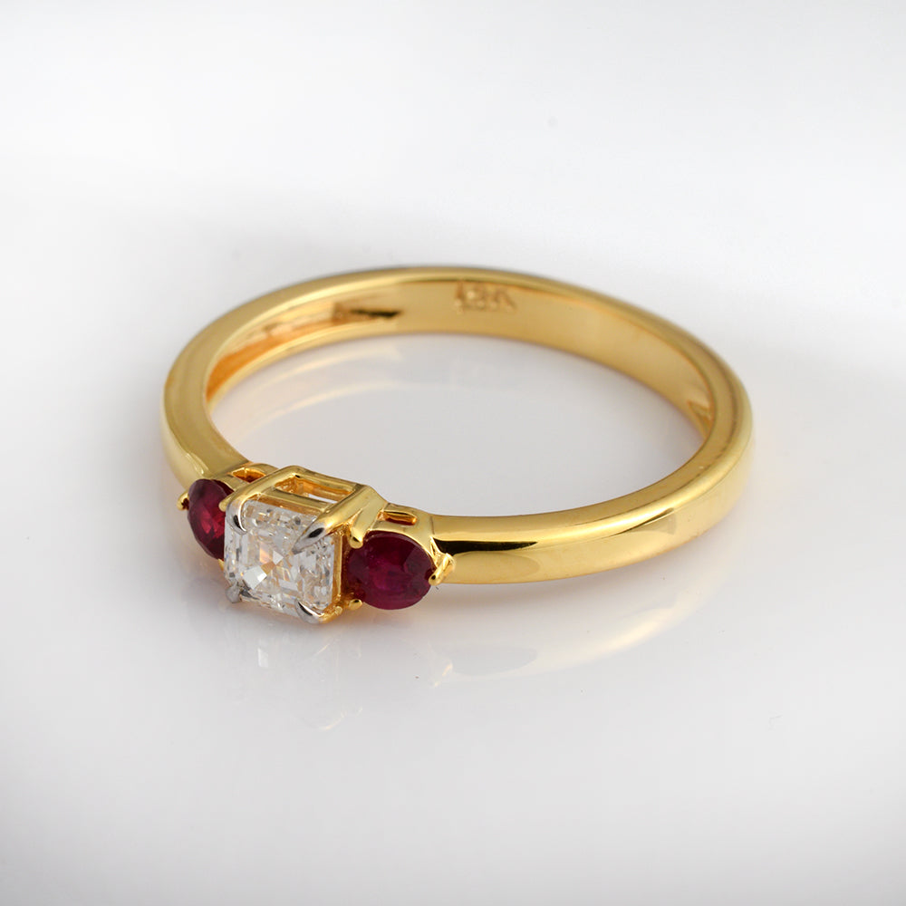 14K Yellow Gold Ruby Diamond Ring | July Birthstone Three Stone Promise Ring | Dainty Minimalist Fine Jewelry