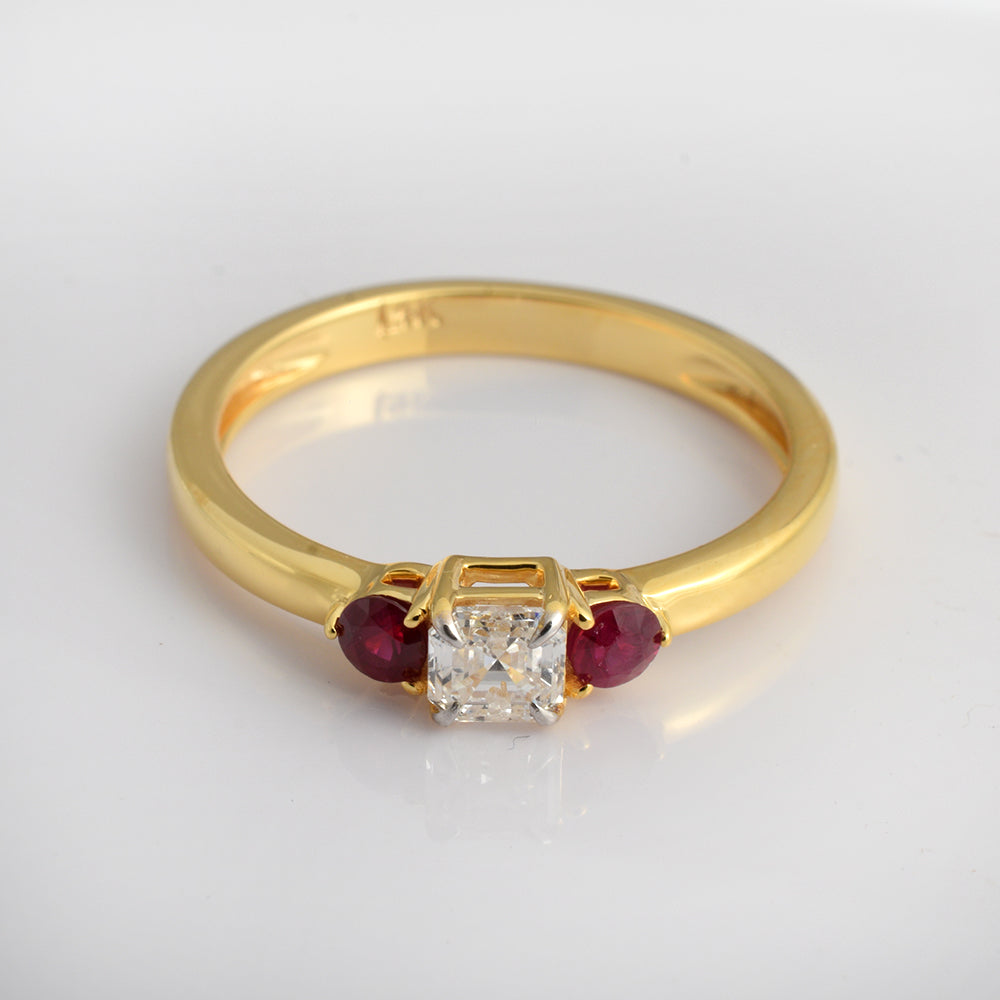 14K Yellow Gold Ruby Diamond Ring | July Birthstone Three Stone Promise Ring | Dainty Minimalist Fine Jewelry