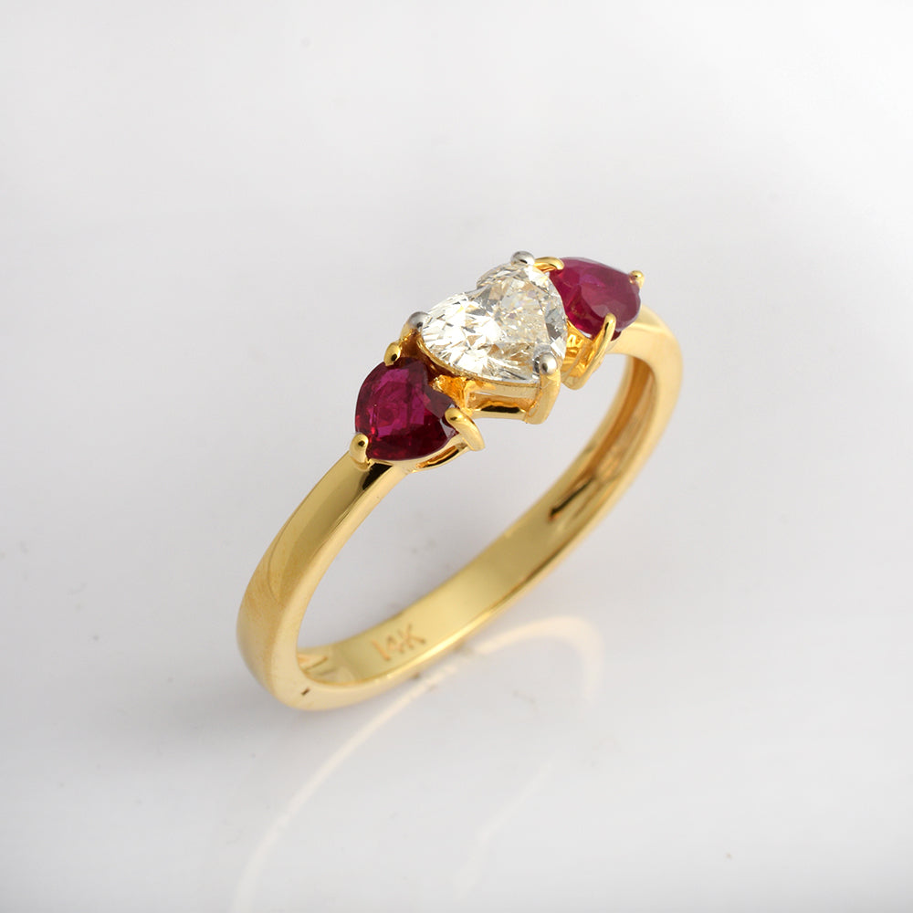 14K Yellow Gold Ruby Diamond Ring | July Birthstone Three Stone Promise Ring | Dainty Minimalist Fine Jewelry