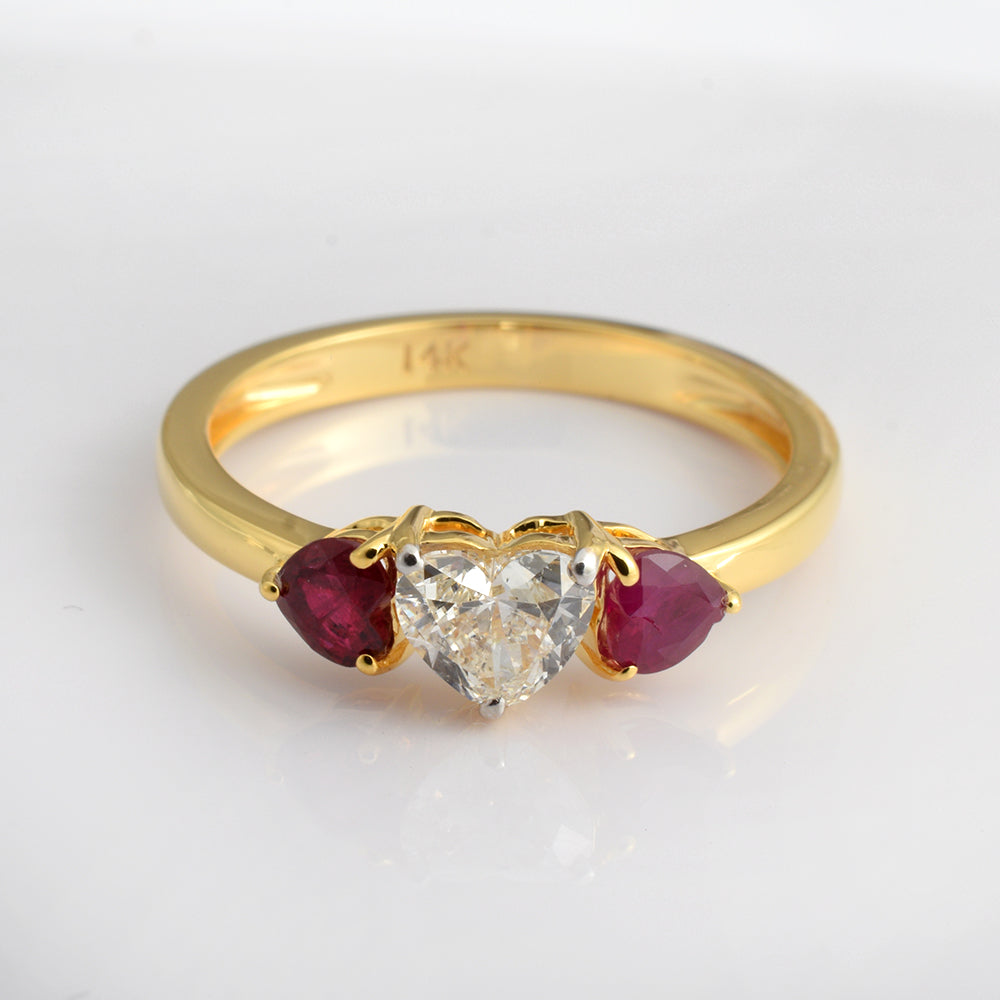 14K Yellow Gold Ruby Diamond Ring | July Birthstone Three Stone Promise Ring | Dainty Minimalist Fine Jewelry