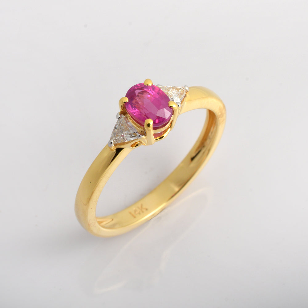 Oval Ruby Engagement Ring in 14K Gold | Ruby Diamond Three Stone Ring | July Birthstone Fine Jewelry Gift