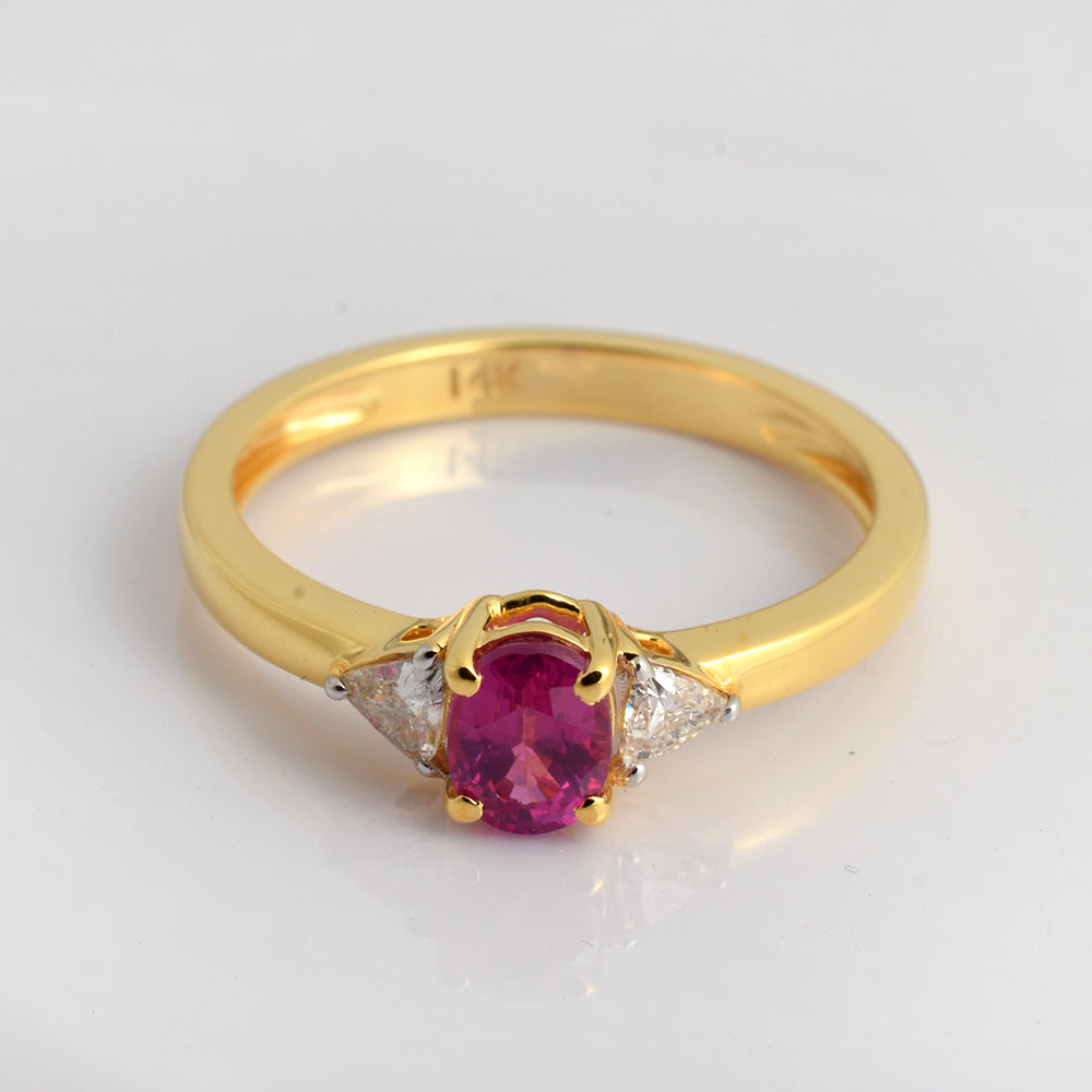 Oval Ruby Engagement Ring in 14K Gold | Ruby Diamond Three Stone Ring | July Birthstone Fine Jewelry Gift