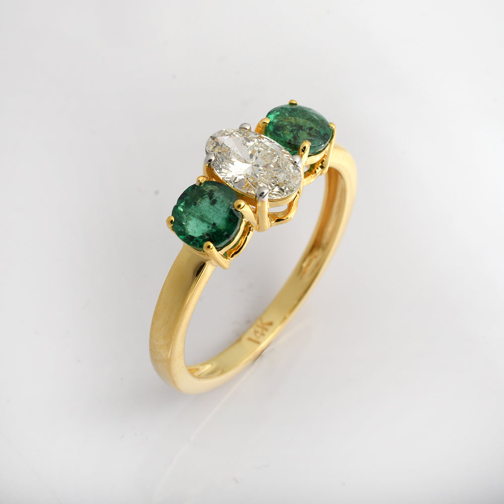 Natural Emerald Engagement Ring in 14K Gold | Oval Emerald Diamond Three Stone Ring | Alternative Luxury Bridal Jewelry