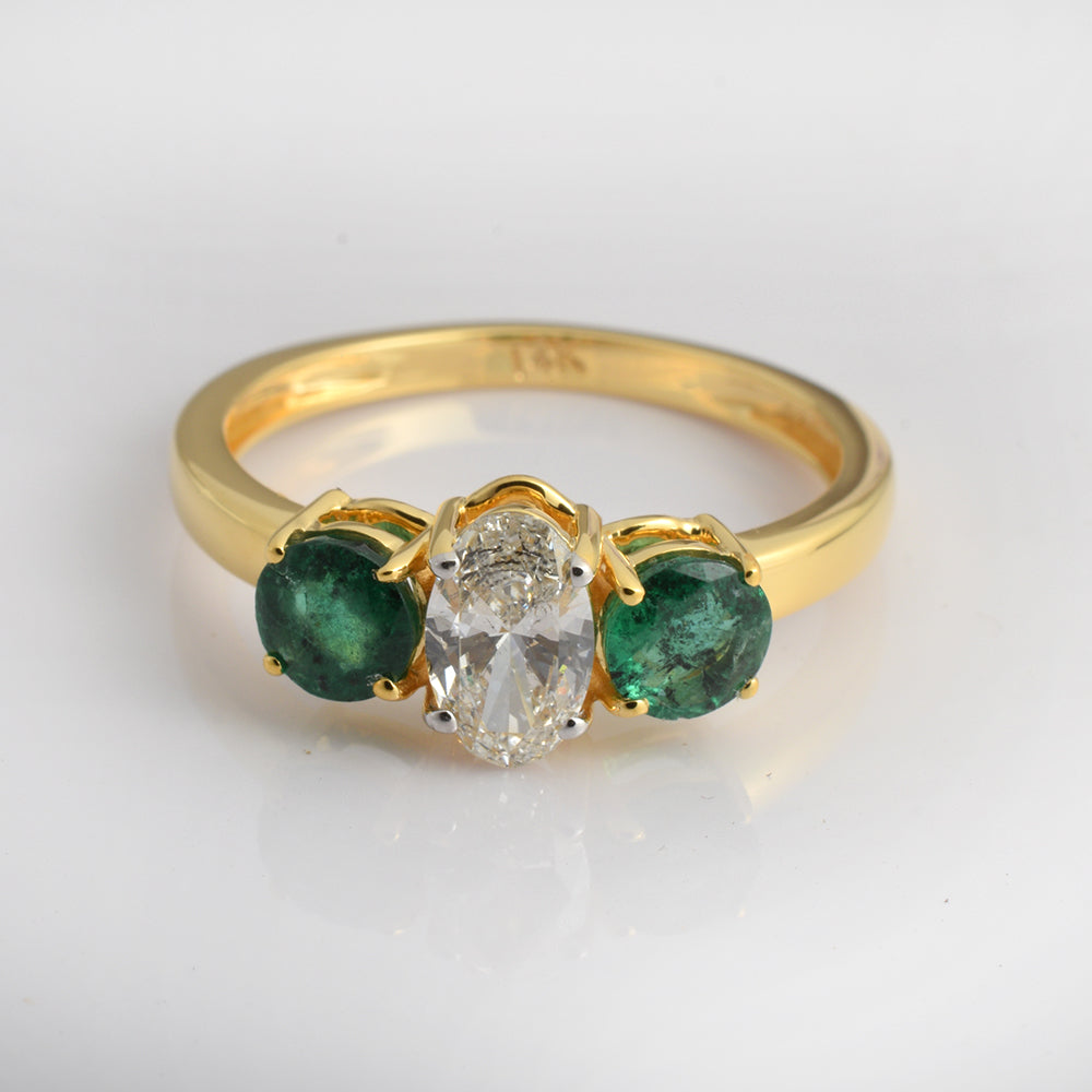 Natural Emerald Engagement Ring in 14K Gold | Oval Emerald Diamond Three Stone Ring | Alternative Luxury Bridal Jewelry