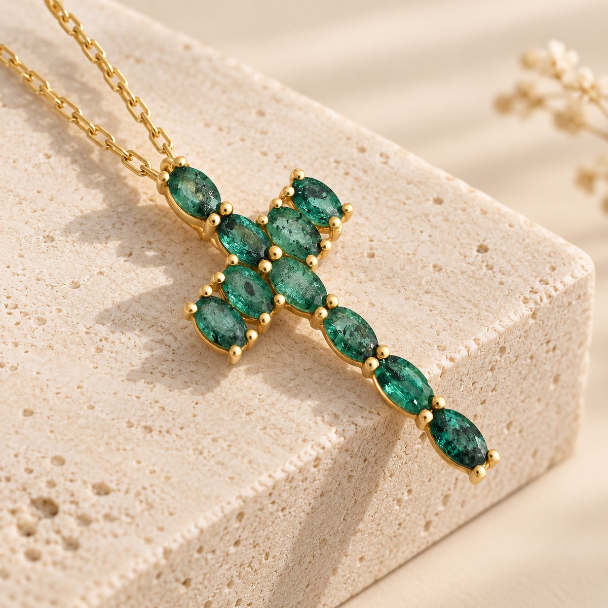 Sterling silver gold vermeil oval green emerald cross pendant necklace for women, Christian jewelry, May birthstone gift.