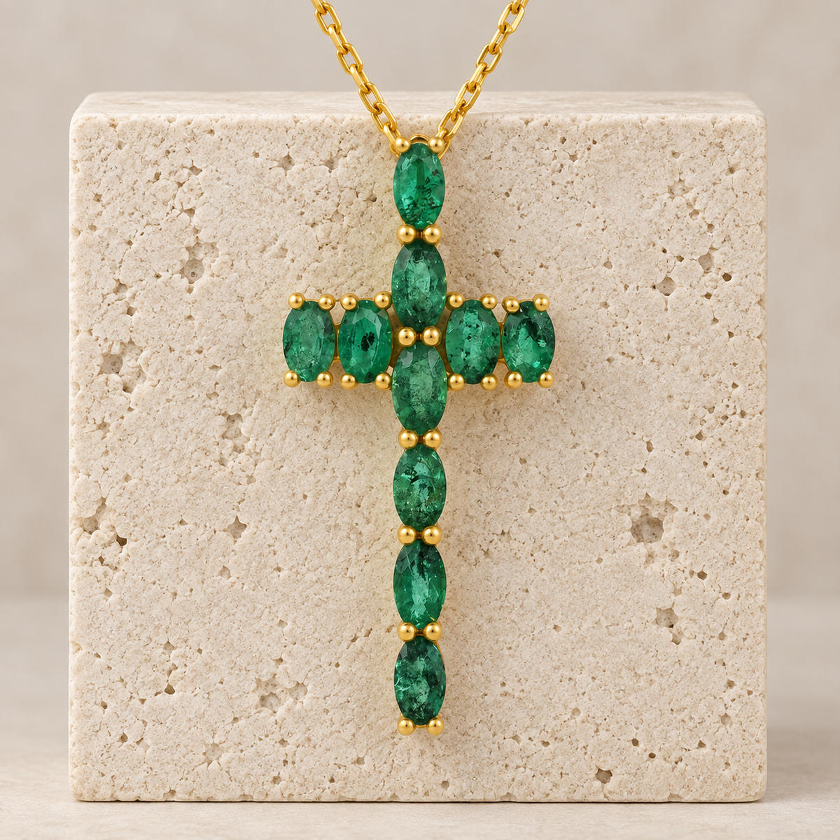 Natural emerald cross pendant for women by Ganpati, 925 sterling silver with gold vermeil, oval green emerald Christian jewelry