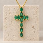 Natural emerald cross pendant for women by Ganpati, 925 sterling silver with gold vermeil, oval green emerald Christian jewelry