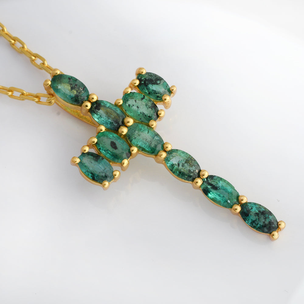 Natural Emerald Cross Necklace 14K Gold | Oval Emerald Cross Pendant | Christian Fine Jewelry | May Birthstone Religious Gift for Her