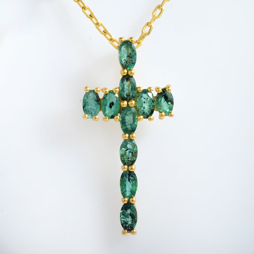 Natural Emerald Cross Necklace 14K Gold | Oval Emerald Cross Pendant | Christian Fine Jewelry | May Birthstone Religious Gift for Her
