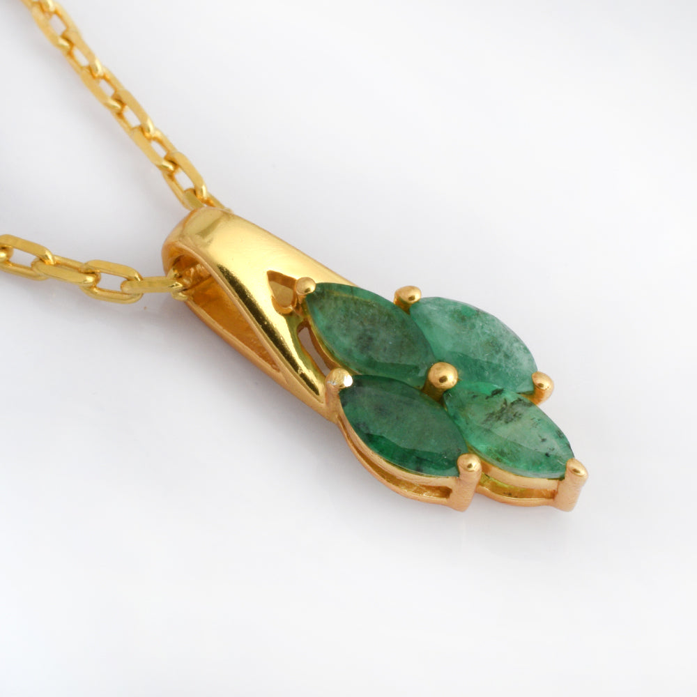 Natural Emerald Pendant Necklace 14K Yellow Gold | Marquise Emerald Cluster Pendant | May Birthstone Fine Jewelry | Luxury Gift for Her