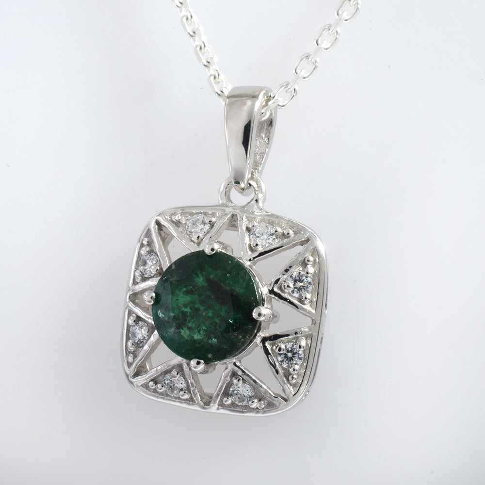 Lab Emerald Pendant Sterling Silver 925 | Round Emerald CZ Star Halo Necklace Pendant | Green Stone Gemstone Jewelry Gift for Her