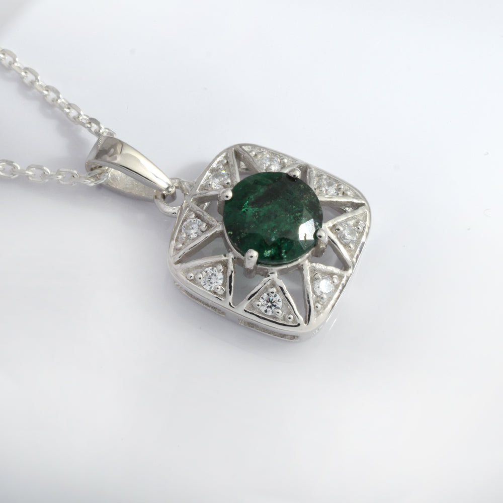Emerald & CZ Star Halo Pendant, 925 Silver - view 9