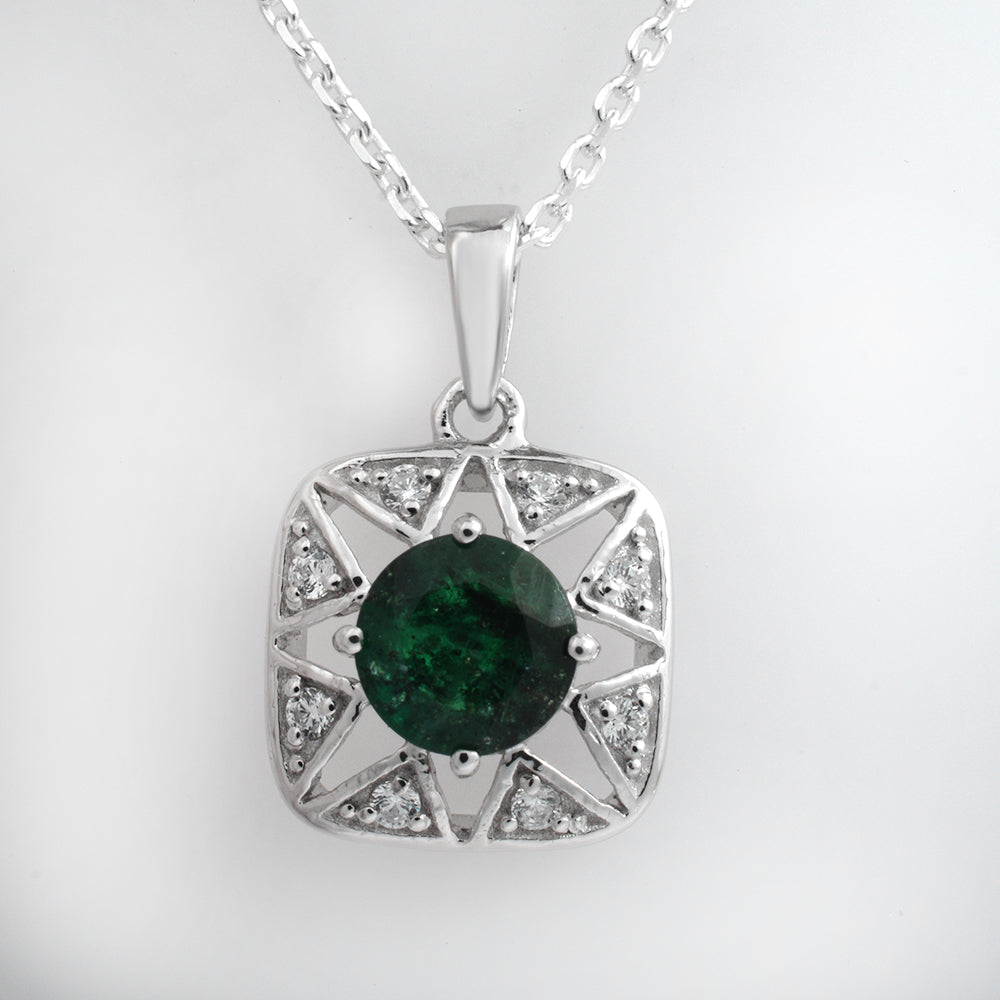 Lab Emerald Pendant Sterling Silver 925 | Round Emerald CZ Star Halo Necklace Pendant | Green Stone Gemstone Jewelry Gift for Her